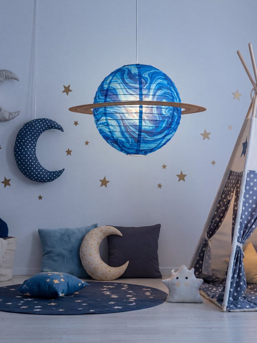 Blue Saturn Hanging Paper Lantern - Space Party Decoration